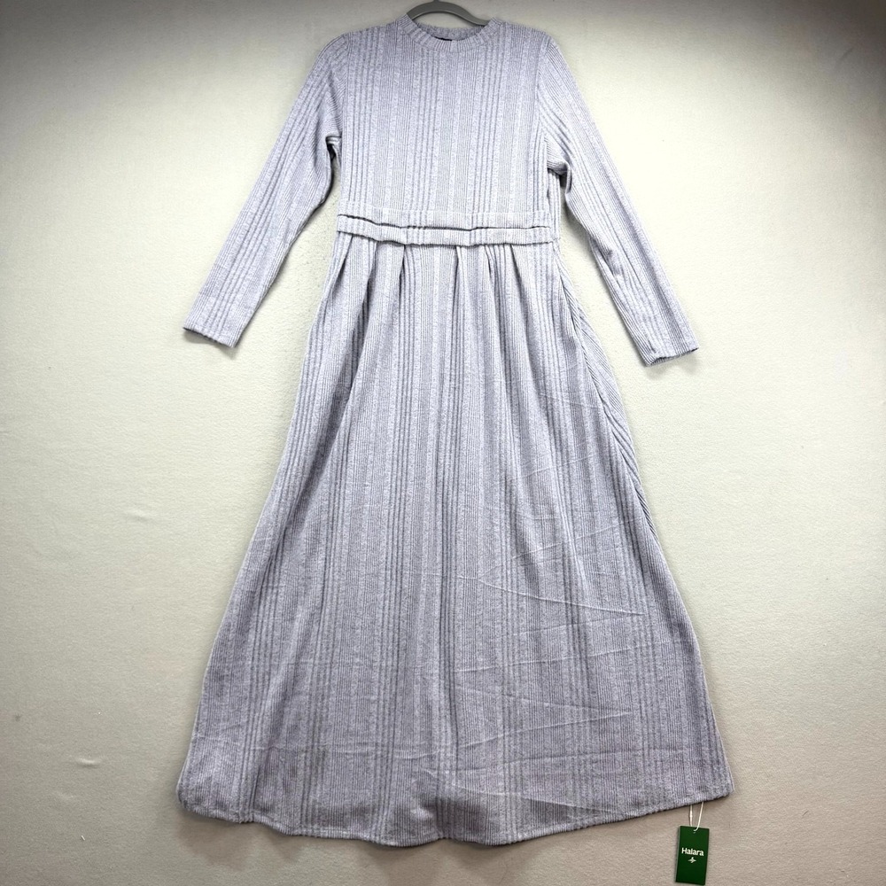 Halara Ribbed Knit Maxi Dress Women XL Light Gray Pleated Sweater Crew Neck NEW